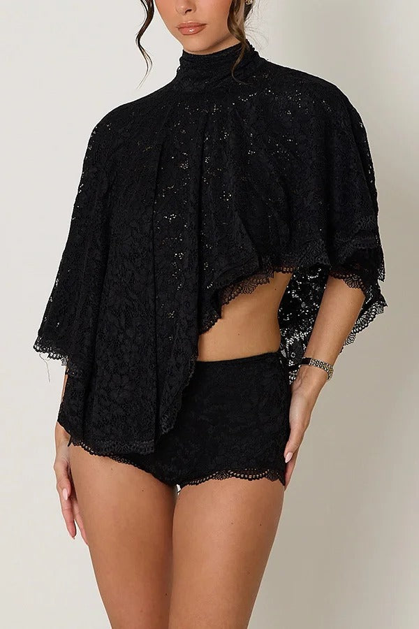 Carmen Lace Bow-tie Round Neckline Ruffle Cape Overlay Top
