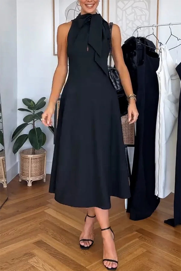 Stylish and Classic Unique Bow Tie Accent Pocketed Flare Midi Dress