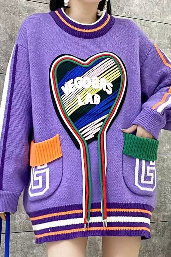 Feel Good knitted colorful heart loose pullover sweater