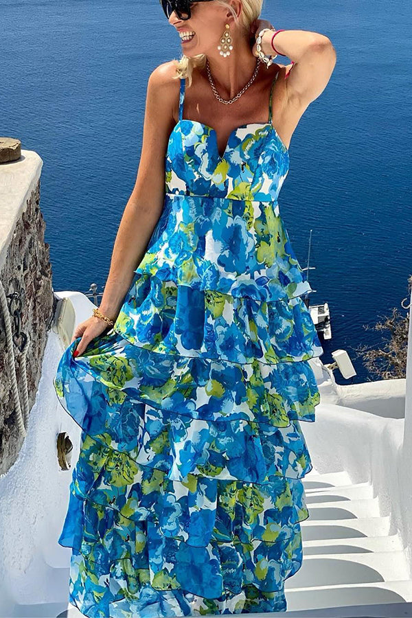 Island Colors Floral Sweetheart Neck Tiered Maxi Dress