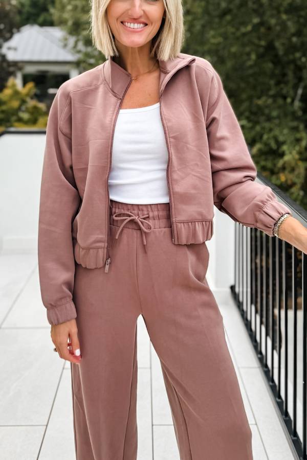 Airy Sleek Full Zip Jacket and High Rise Elastic Waist Pocket Wide Leg Sweatpants Set