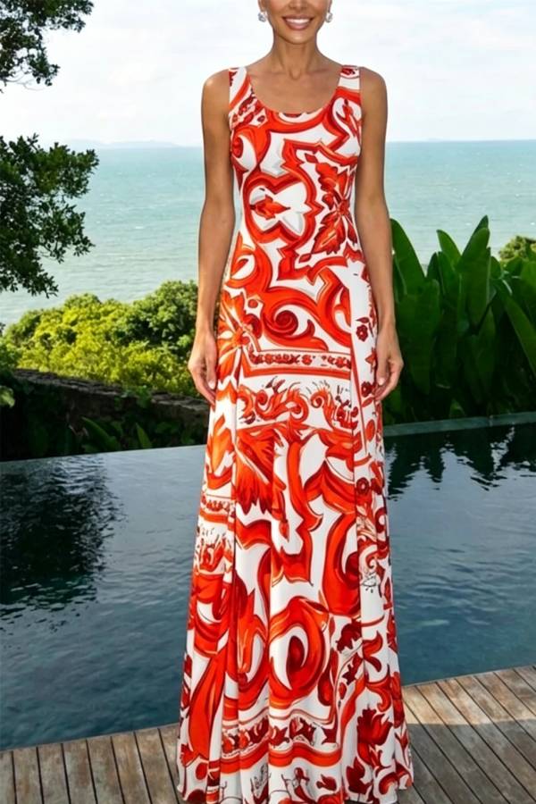 Arnell Contrast Color Artistic Floral Print Square Neck Pleated Hem Maxi Dress