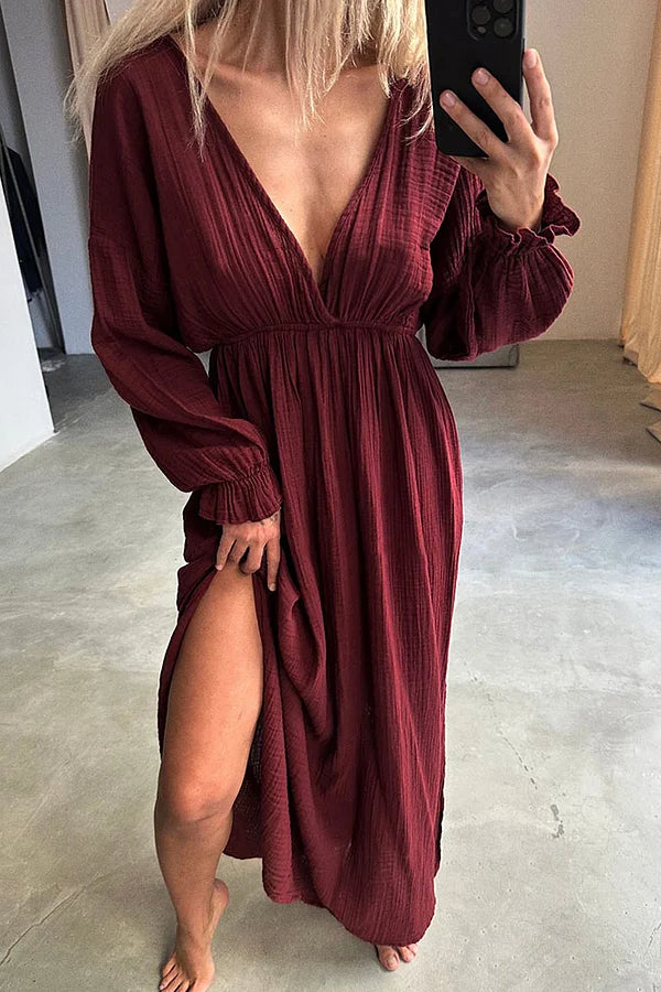 Casual V-neck Slit Cotton and Linen Dress