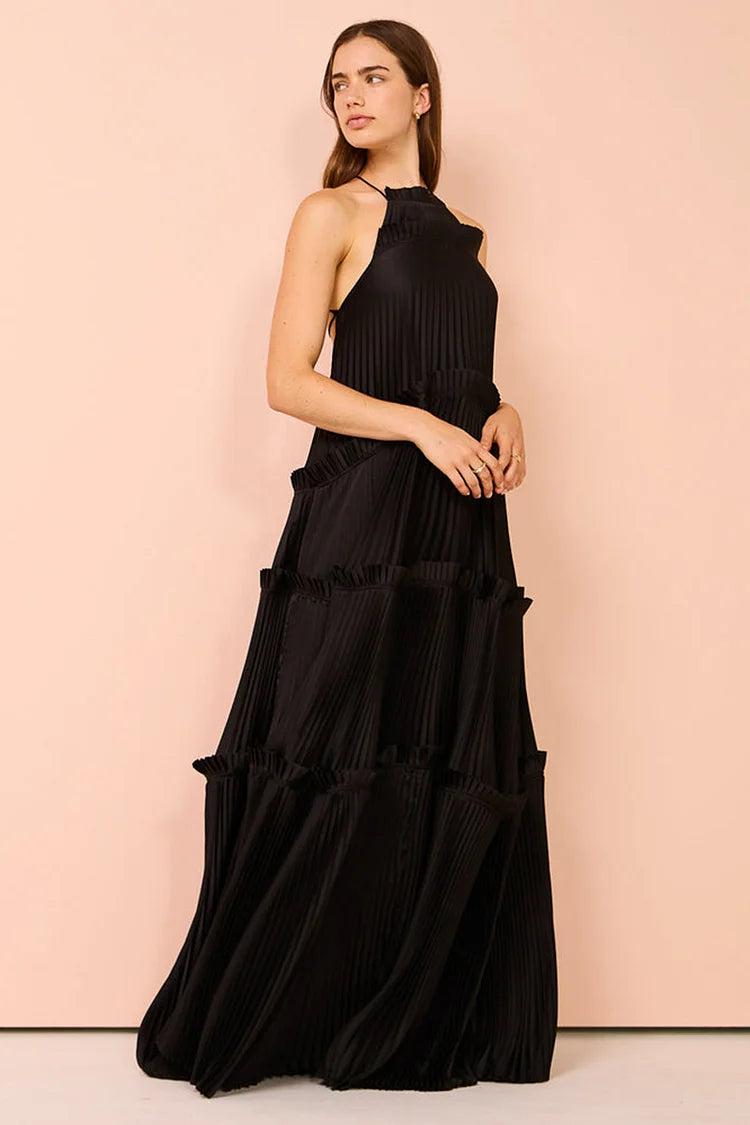 Halter Backless Tiered Pleated Solid Maxi Dresses-Black