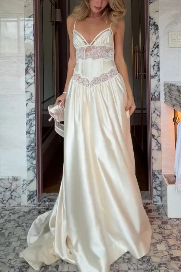 Delicate and Exquisite Satin Lace Patchwork Slip Bridal Gown Maxi Dress