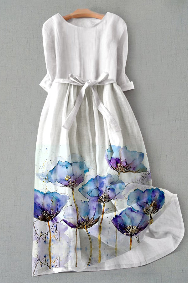 Casual Artistic Watercolor Floral Print Dress