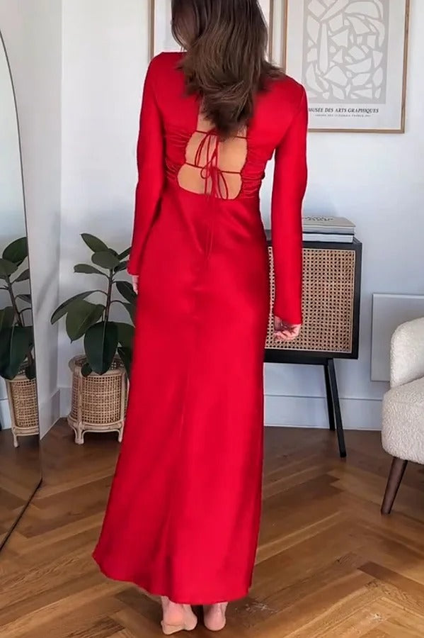 Winter Wedding Satin Back Tie-up Long Sleeve H-line Maxi Dress