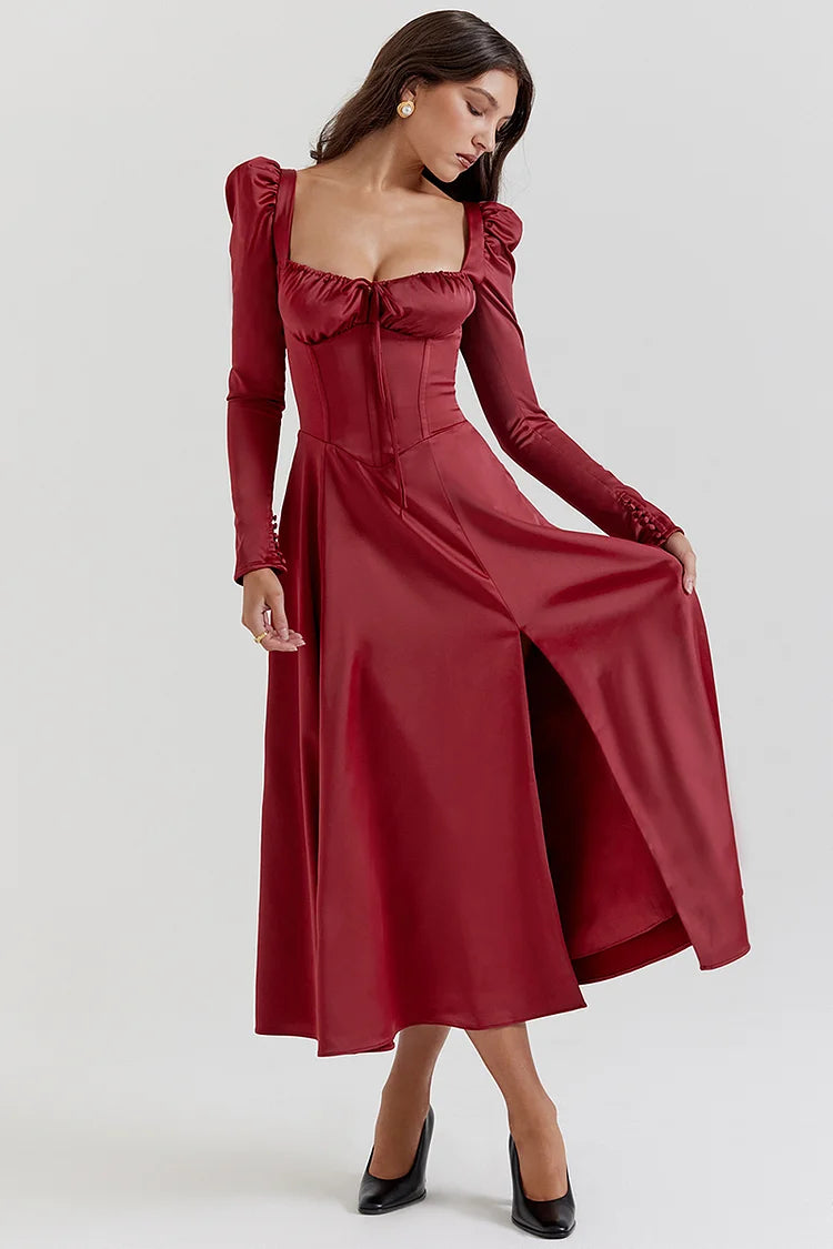 Lace Up Corset Puffy Long Sleeve Slit Satin Midi Dresses-Red