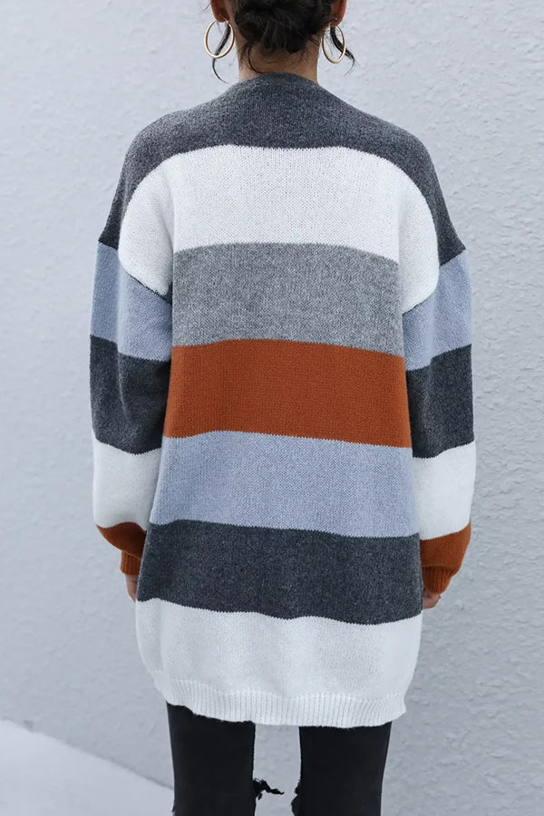 Casual Knitted Color Blocked Long Sleeved Cardigan