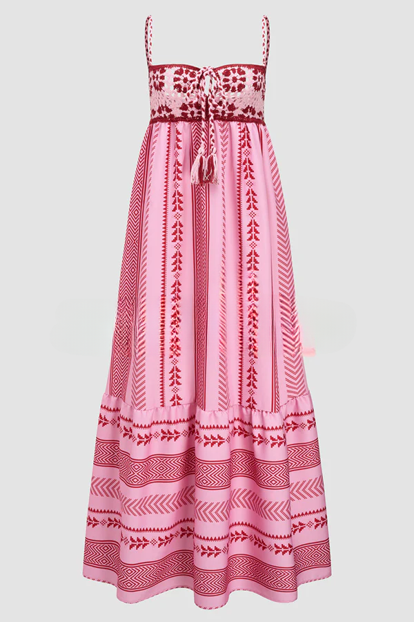 Unique Printed Patchwork Fringed Lace-up Maxi Dress