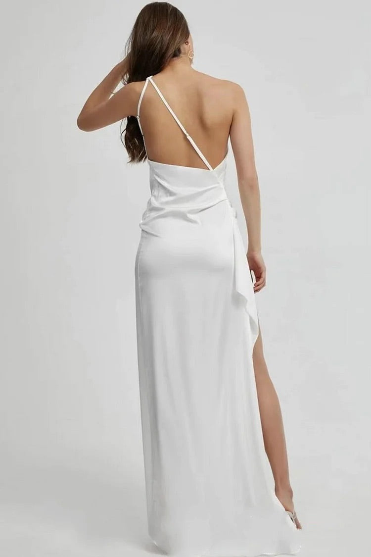 One Shoulder Backless Asymmetric Slit Prom Maxi Dresses