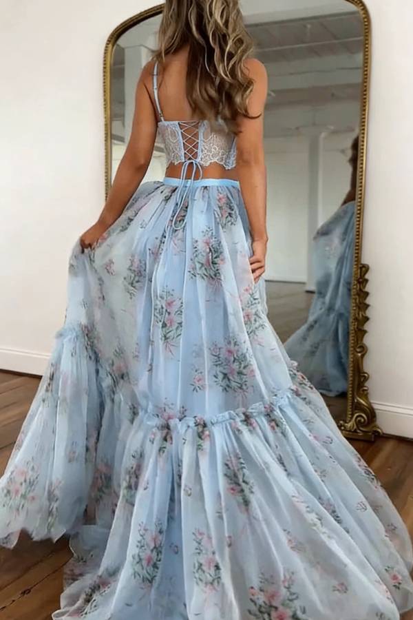 Vita Floral Satin Bow Lace Back Lace-up Crop Tank and Tulle High Rise A-line Maxi Skirt Set