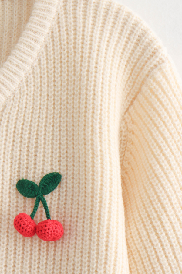 V-neck Cherry Embellished Cardigan Cropped Knitted Sweater