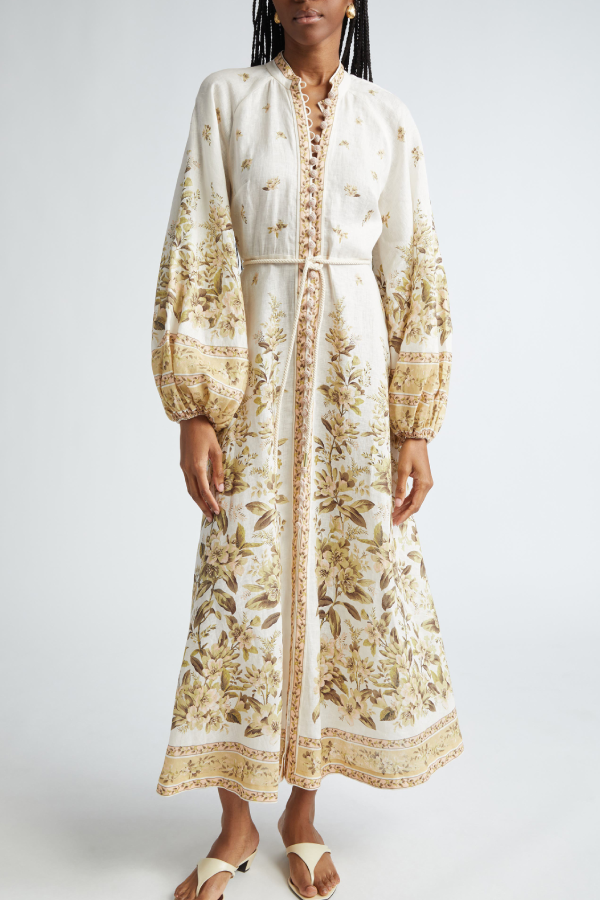 Golden Floral Long Sleeve Buttoned Linen Dress