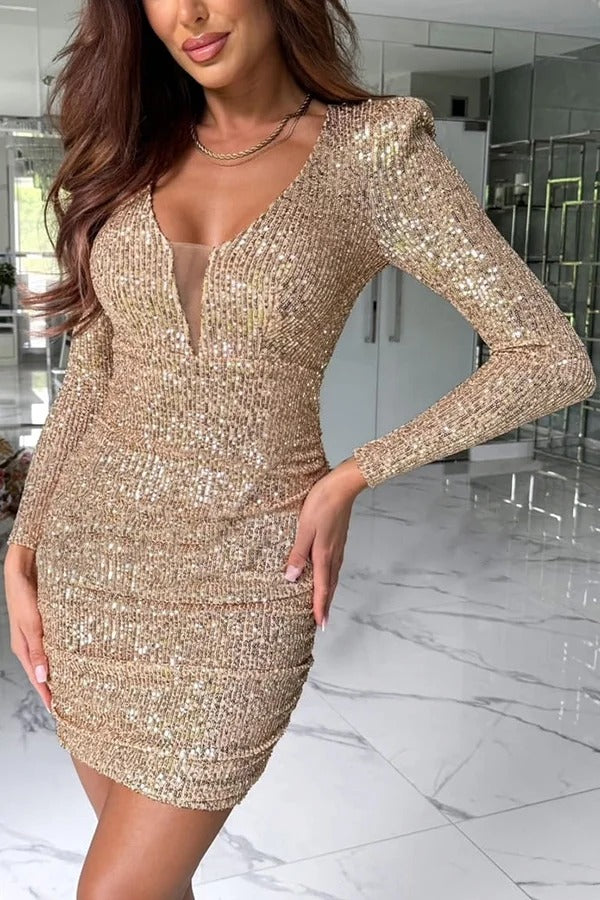 Dreamy and Dazzling Sequin Mesh V-neck Long Sleeve Ruched Stretch Mini Dress