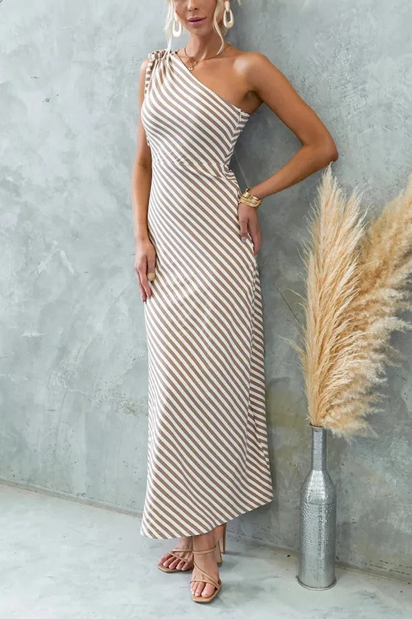 Stylish Striped Print One Shoulder Slope-neck Maxi Dress