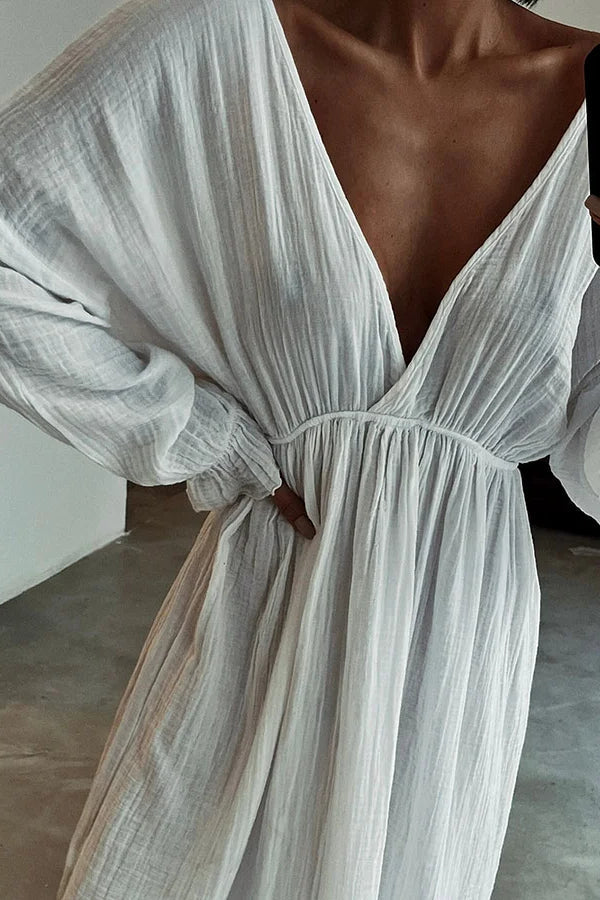 Casual V-neck Slit Cotton and Linen Dress