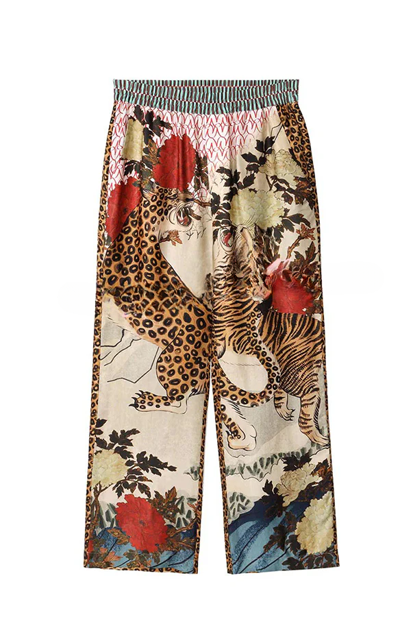 Tropical Jungle Tiger Unique Print Long Sleeve Loose Shirt and Elastic Waist Pants Set