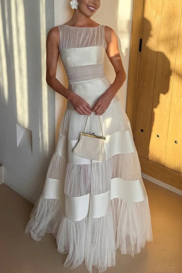 Darling You Pleated Tulle Satin Patchwork Boat Neck Sleeveless Formal Maxi Dress