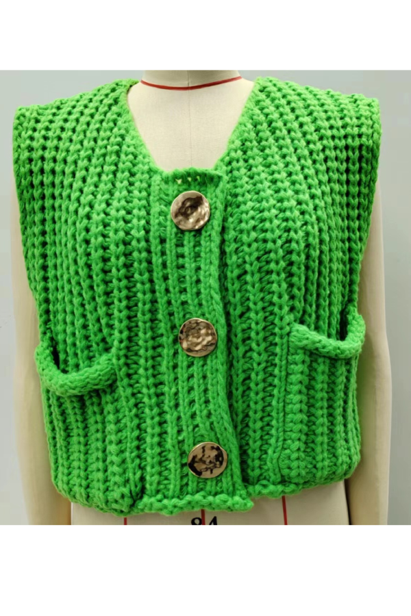 Pocket Sleeveless Cropped Knitted Cardigan Vest