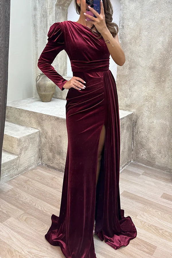 Mysterious Lady Velvet One Shoulder Sequin Trim Ruched Slit Maxi Dress