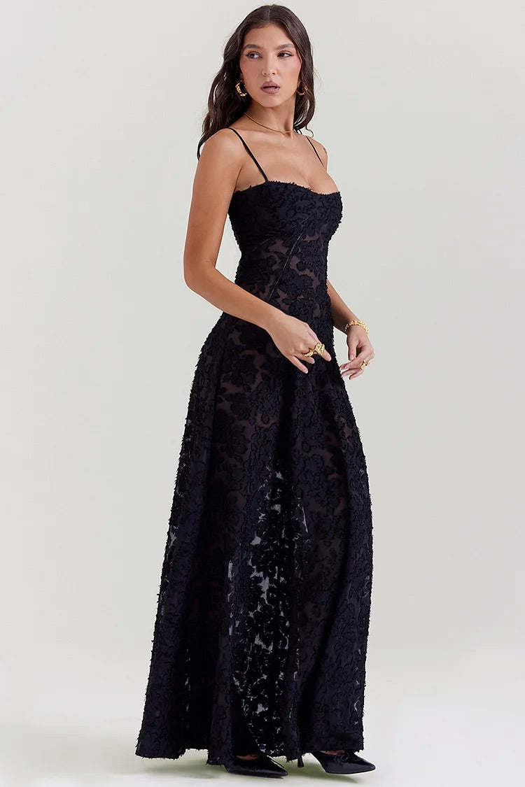 Floral Jacquard Lace Gothic Party Flowy Slip Maxi Dresses