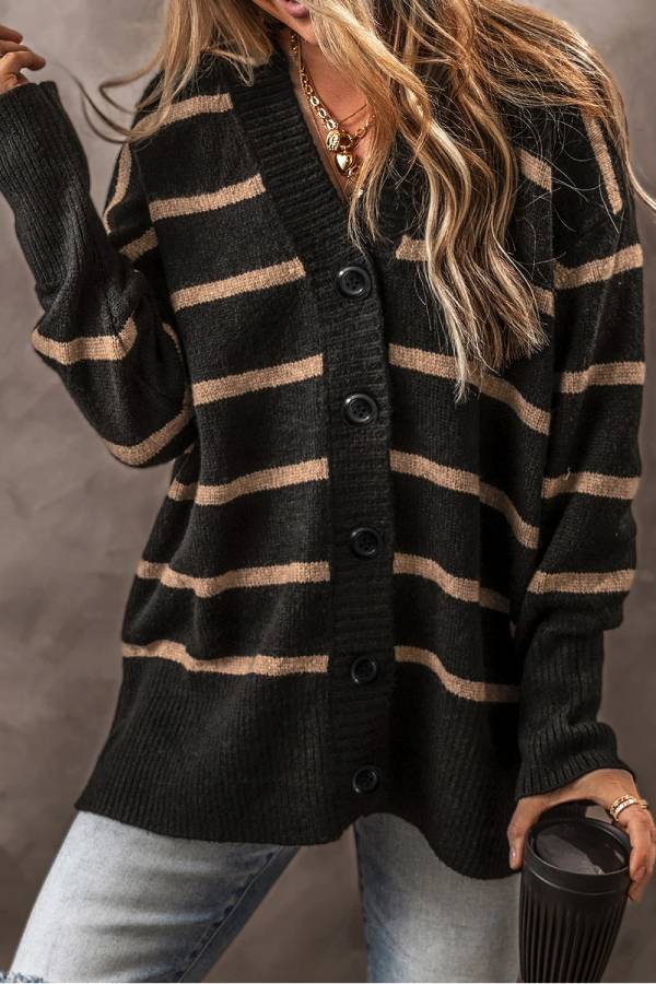 Black Stripe Buttoned V Neck Drop Shoulder Loose Cardigan