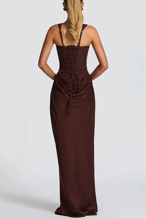 Larrah Square Neck Back Lace-up Satin Drape Hem Maxi Dress