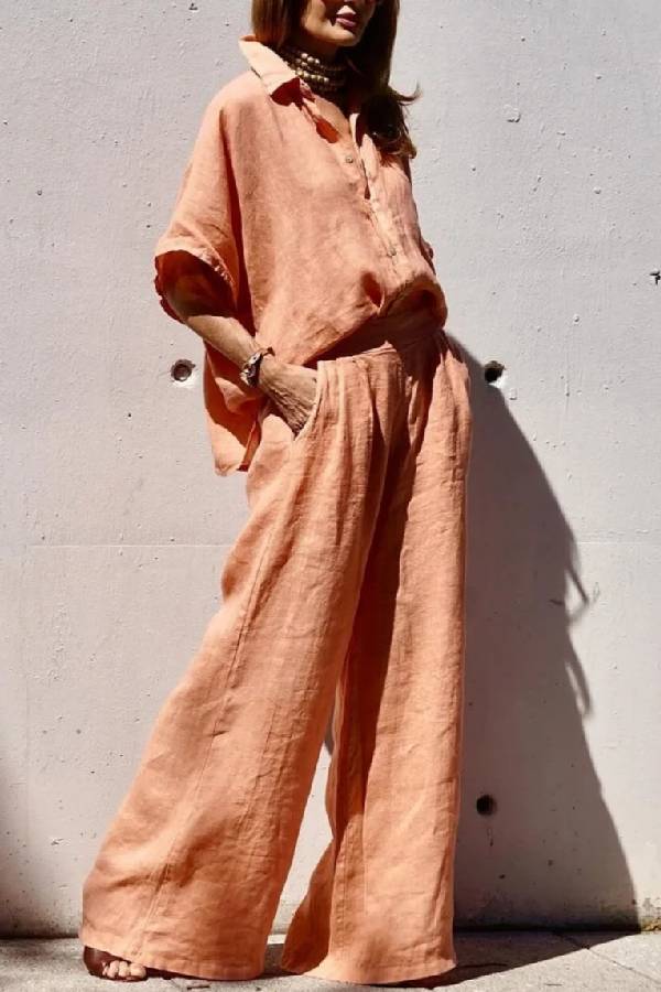 Casual Linen Orange Two-piece Suit