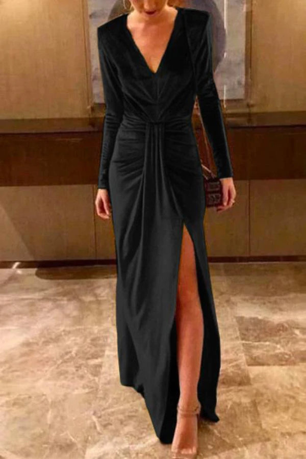 Deep V Neck Slit Ruched Velvet Party Dress