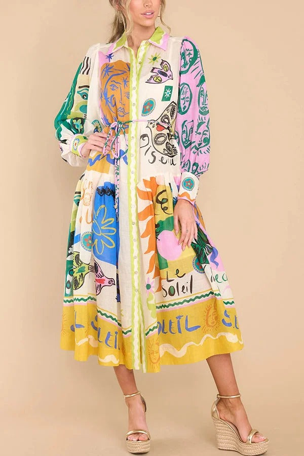 Boldness and Art Unique Print Balloon Sleeve Patchwork Shirt Midi Dress