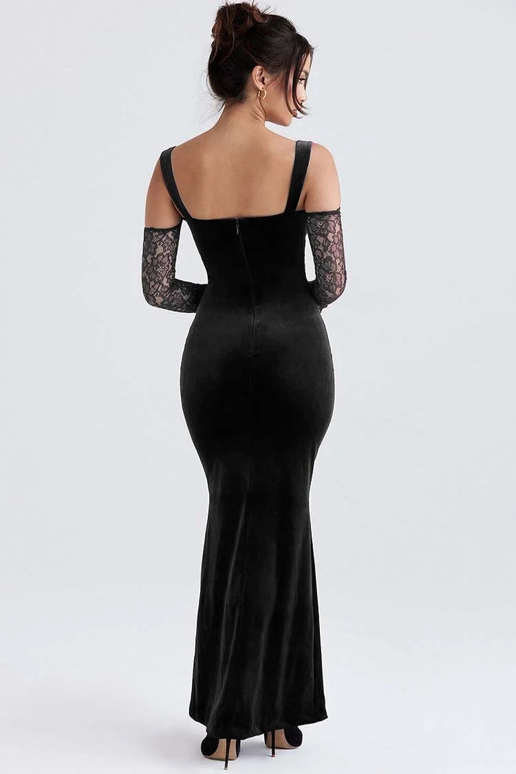 Cold Shoulder Lace Sleeve Bodycon Velvet Formal Party Maxi Dresses