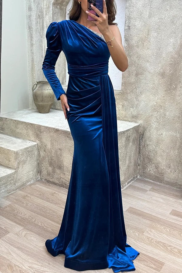 Mysterious Lady Velvet One Shoulder Sequin Trim Ruched Slit Maxi Dress