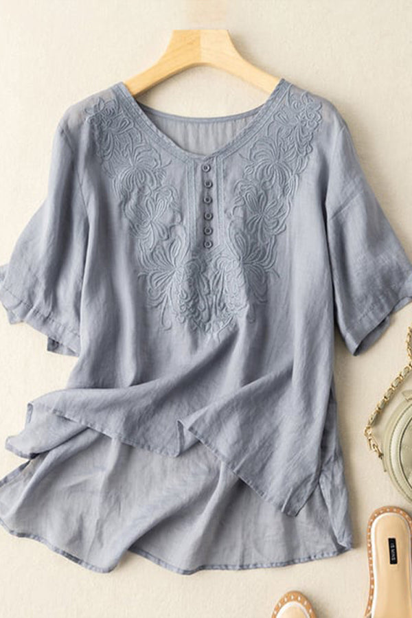 Cotton Linen Fine Embroidery V-neck Casual Top