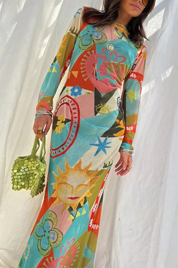 Sundazed Summer Mesh Colorful Unique Print Long Sleeve Stretch Maxi Dress