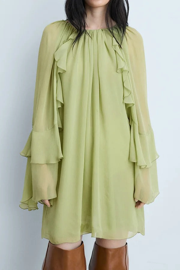 Seeds of Happiness Chiffon Tiered Ruffles Bell Sleeve Gathered Loose Mini Dress