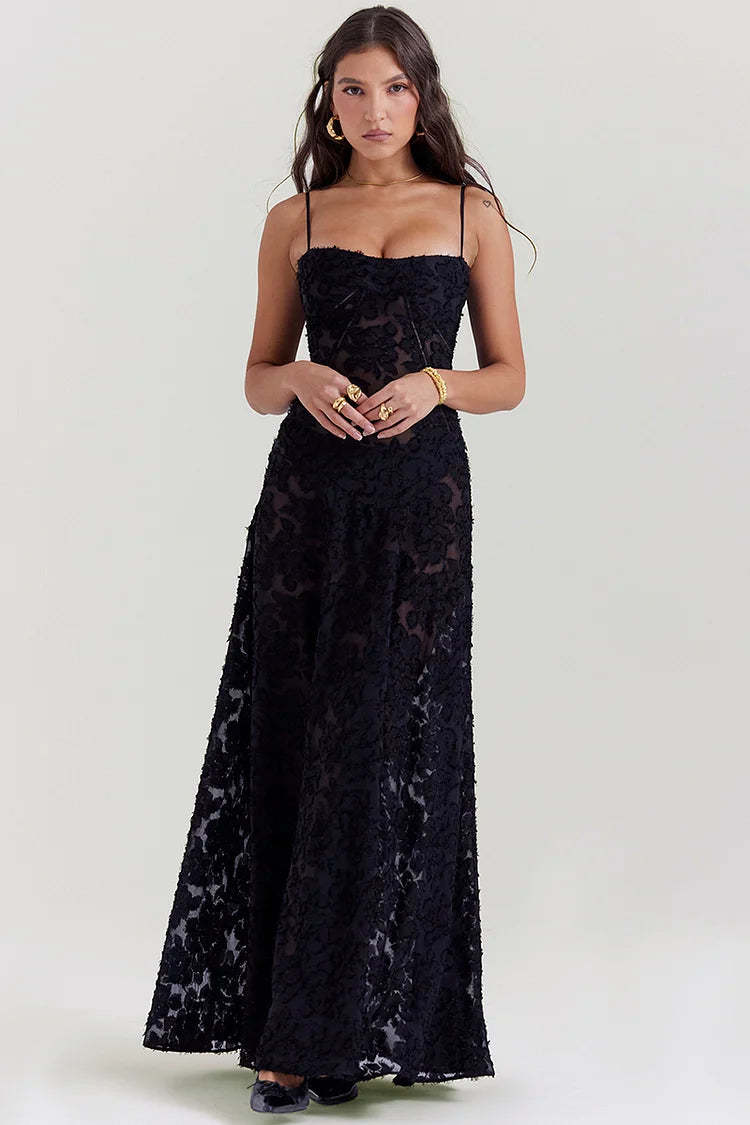 Floral Jacquard Lace Gothic Party Flowy Slip Maxi Dresses