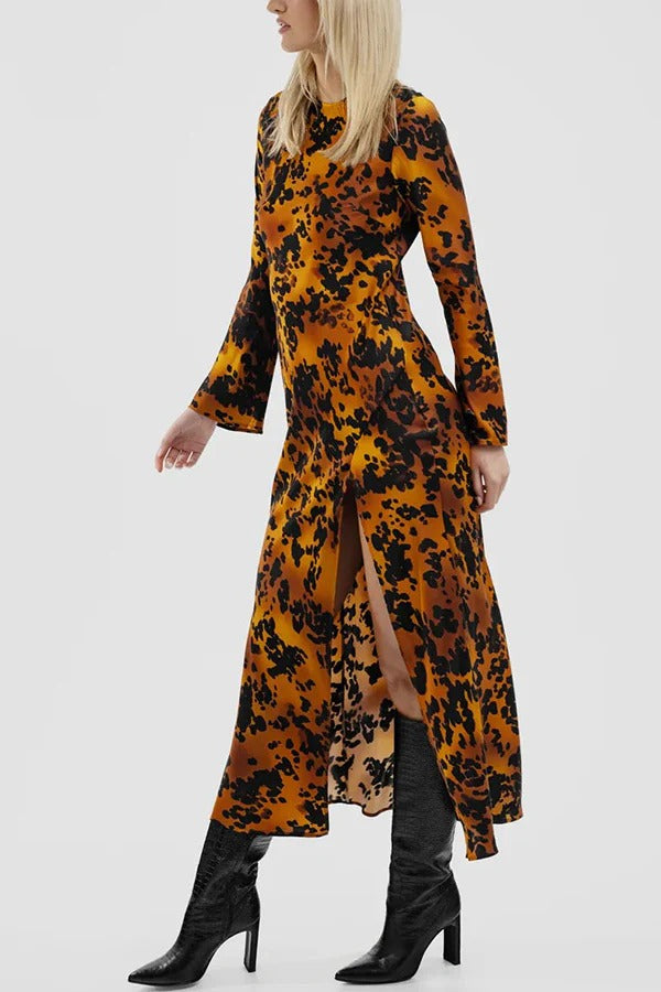 Decorate Autumn Satin Printed Long Sleeve Slit Loose Maxi Dress