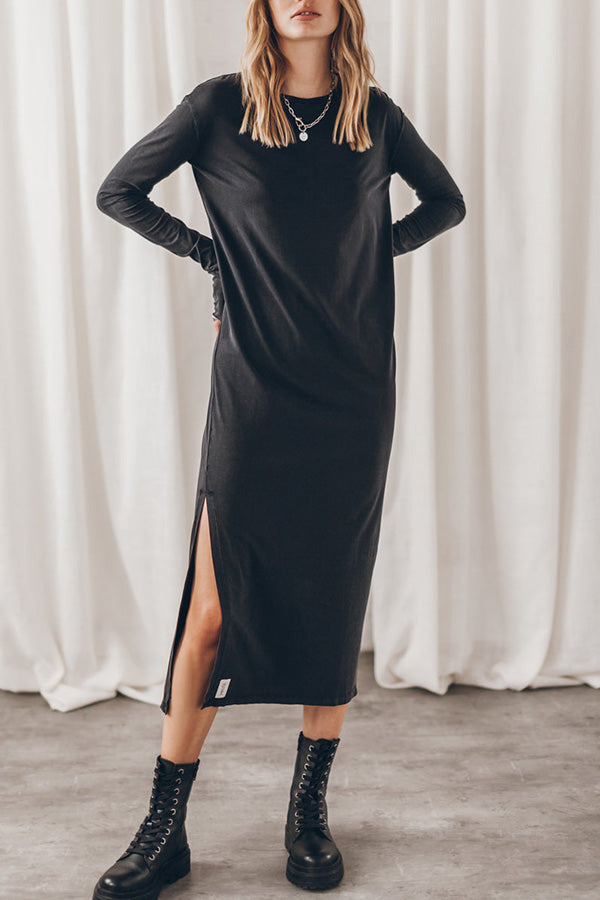 The Bedisse Cotton Blend Long Sleeve Relaxed Slit Midi Dress