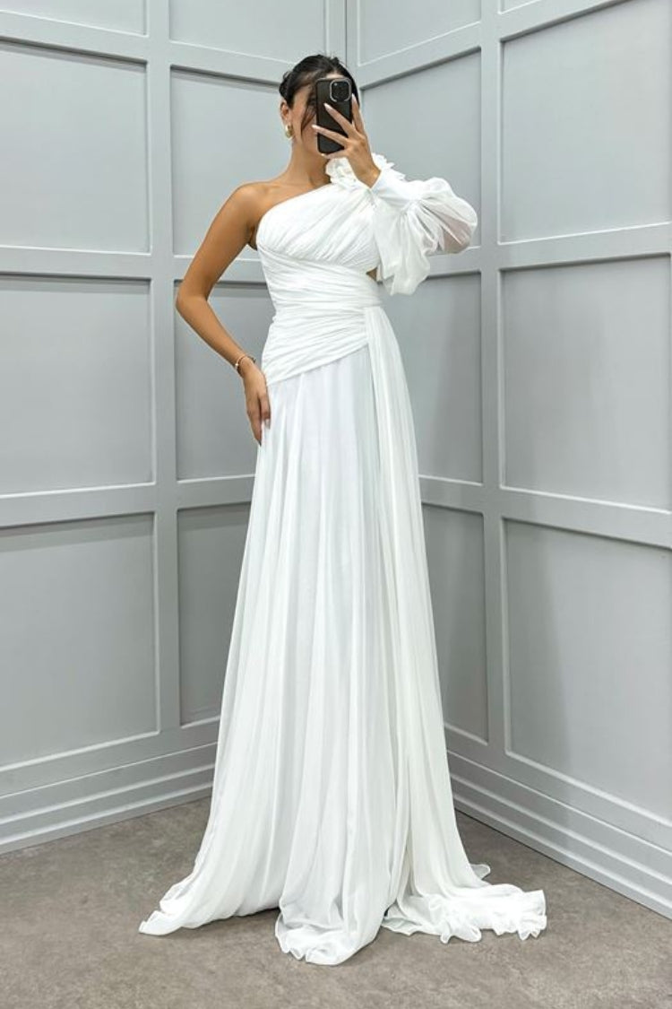 One Sleeve Shoulder Detail Design Evening Dress