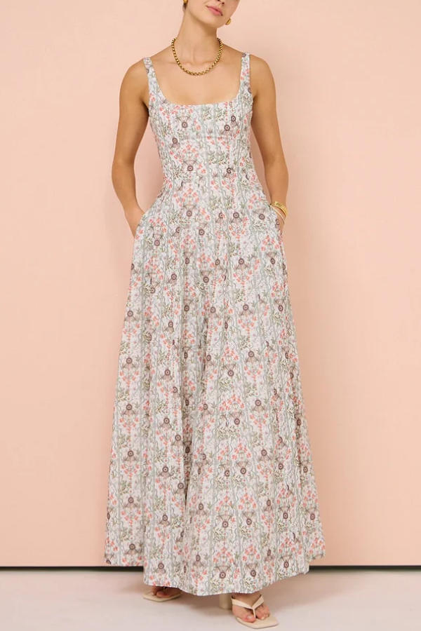 Floral Halter Waist Flat Collar Long Dress