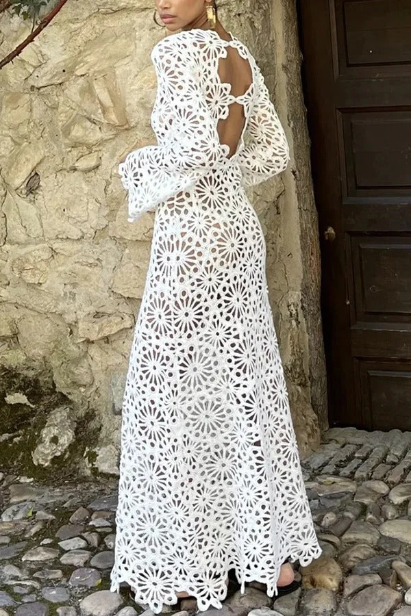 Island Break Crochet Flower Pattern Long Sleeve Backless Vacation Maxi Dress