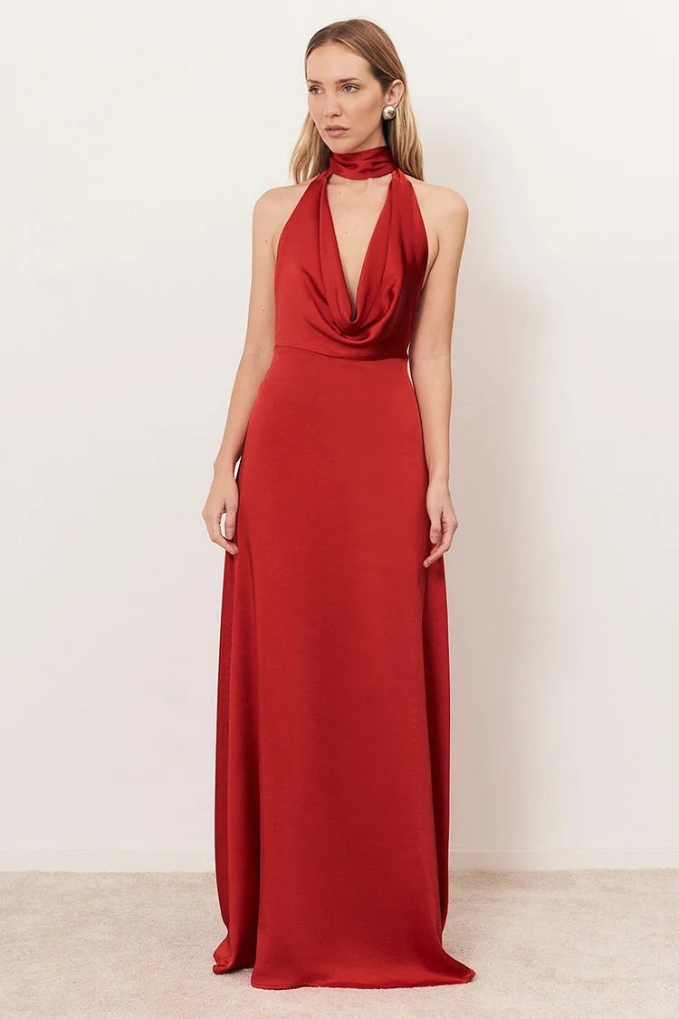 Cowl Neck Backless Slim Fit Evening Gowns Satin Maxi Dresses-Red