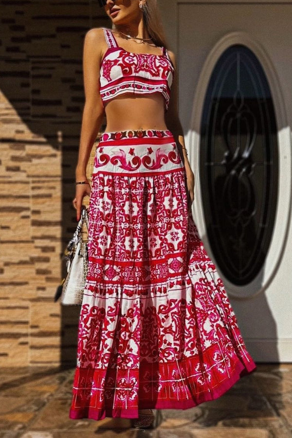 Unique Printed Sexy Sling Tank and Elastic Waist Large Hem Maxi Skirt Set