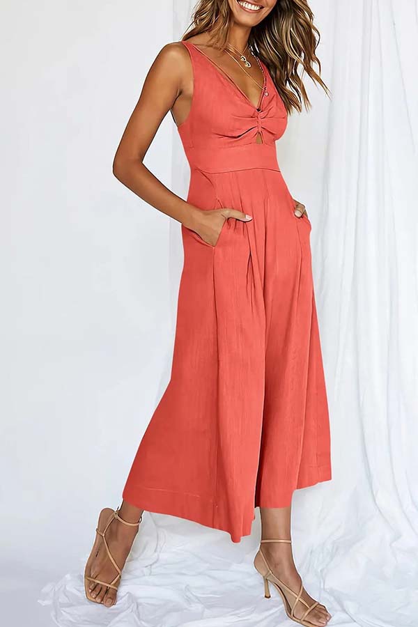 2023 SUMMER V NECK CUTOUT ADJUSTABLE STRAPS WIDE LEG JUMPSUITS