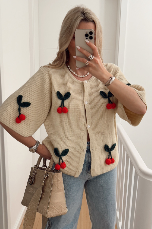 V-neck Cherry Embellished Cardigan Cropped Knitted Sweater