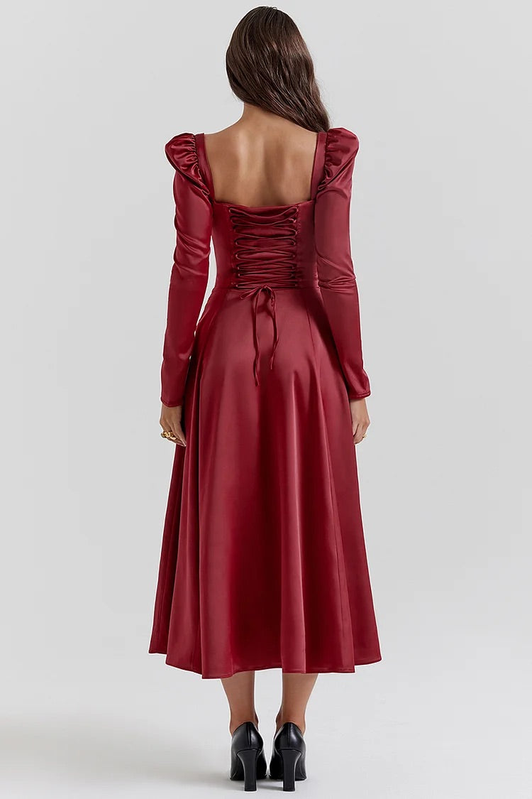 Lace Up Corset Puffy Long Sleeve Slit Satin Midi Dresses-Red