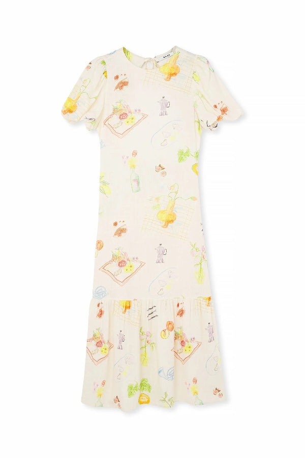 Napa Linen Blend Unique Print Puff Sleeve Elastic Waist Backless Midi Dress