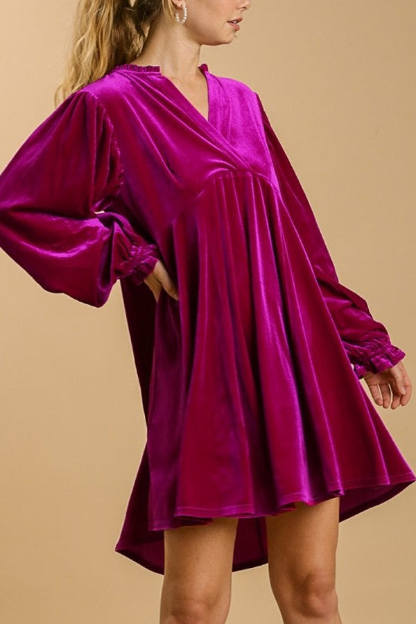 Umgee Velvet Dress with Puff Sleeves and Split Neckline in  Velvet