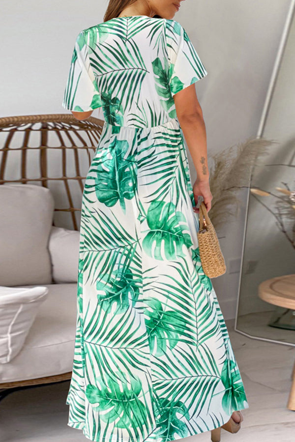 Short Sleeve Slit Print Maxi Dress